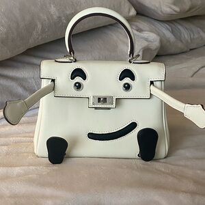 20cm ivory White leather doll Handbag with Black Accents
